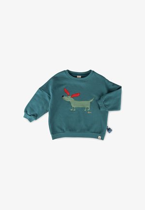 Kinder-Sweatshirt mit langen Ärmeln in Petrol, vorne mit einem grünen Hund und roten Ohren bedruckt, Rundhalsausschnitt sowie gerippte Bündchen und Saum.