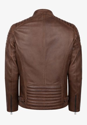 Braune Lederjacke, Rückansicht, mit steppter Schulter- und unterer Rückenpolsterung, Reißverschlussmanschetten und verstellbaren seitlichen Riemen.