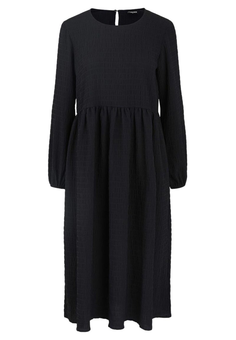 Vestido negro de manga larga con tela texturizada, escote redondo y cintura fruncida. Presenta un detalle de abertura en la parte posterior. Forma en A.