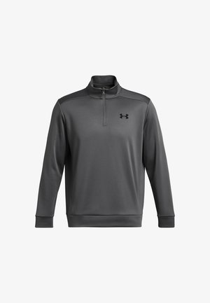 Gray pullover sweatshirt with a quarter-zip collar, made from textured fabric, featuring black logo on the left chest and smooth cuffs.