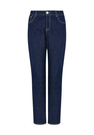 Jeans in denim blu scuro con gamba dritta, vita con bottone, tasche frontali e dettagli di cucitura bianca a contrasto.