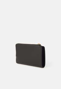 Black leather wallet with a smooth finish, rectangular shape, zip closure, and gold-tone hardware detail on the zipper.