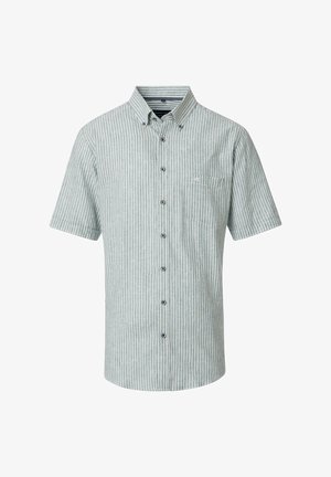 Kurzarm-Hemd mit Knöpfen in Hellgrün mit weißen vertikalen Streifen. Verfügt über eine Tasche und einen Kragen, gefertigt aus einem strukturierten Stoff.