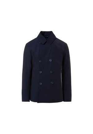 Giacca doppiopetto blu navy in tessuto liscio con un ampio colletto, sei bottoni e tasche laterali; vestibilità sartoriale con un design minimalista.