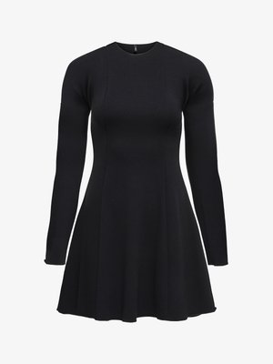 Melnas garām piedurknēm kleita ar pieguļošu korseti un izpletņu tipa svārkiem. Gluda džersija audums ar apaļu izgriezumu un minimālām šuvēm.