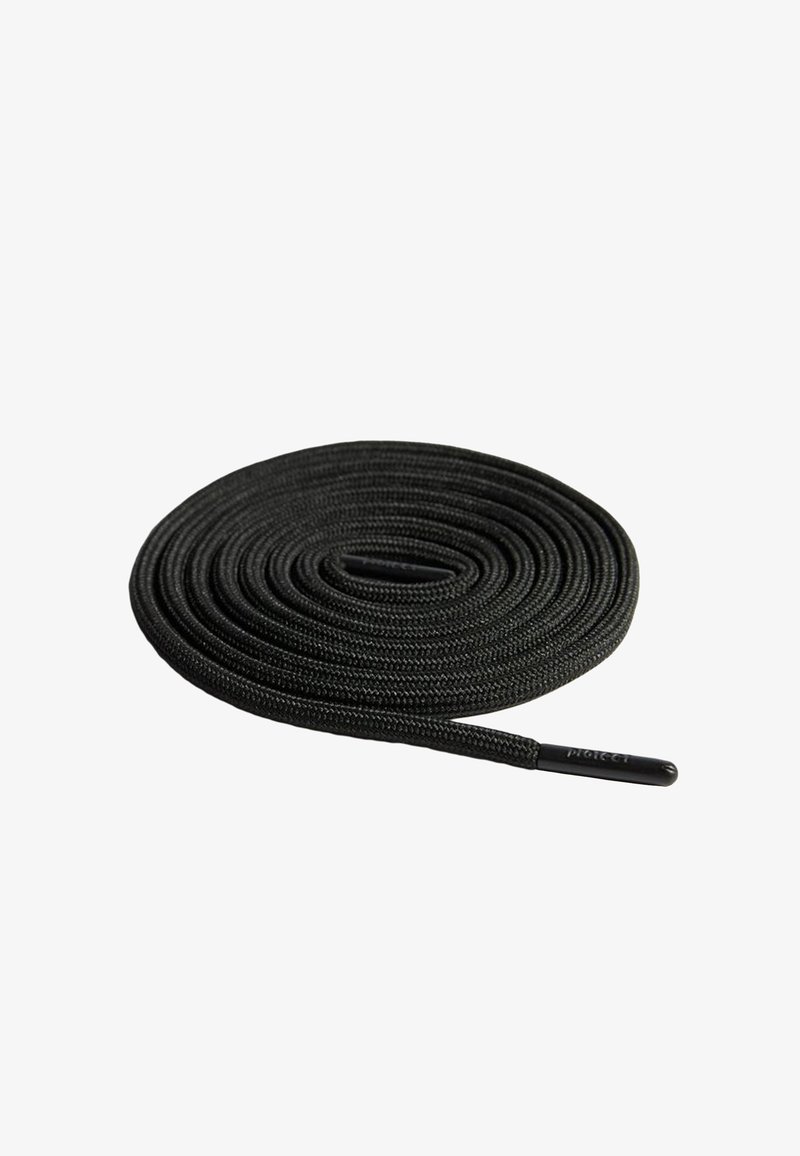 Black flat shoelace, woven texture, round shape, smooth ends for easy threading, suitable for various footwear styles.