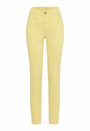 Pantaloni gialli aderenti con tasche frontali, passanti per cintura e chiusura con bottone, mostrati su uno sfondo bianco.