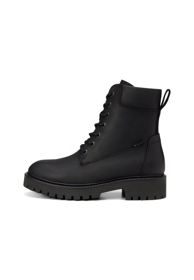 Schwarze Lederstiefeletten mit runder Zehenpartie, Schnürdesign und Zuglasche; strukturierte Gummisohle mit tiefem Profil für besseren Halt.