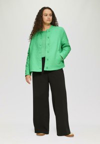 Grüne Steppjacke mit rundem Halsausschnitt und Knopfverschluss, kombiniert mit einem grünen Oberteil und weit geschnittenen schwarzen Hosen. Glatte Textur, lässige Passform.