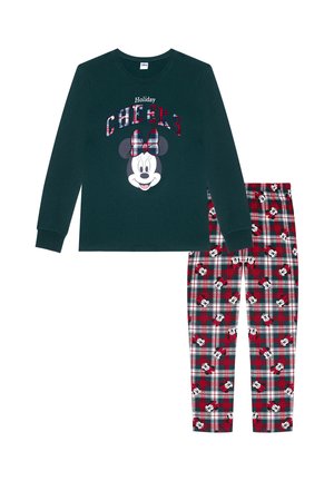 Maglia verde a maniche lunghe con scritta "Holiday Cheers" e stampa di Minnie Mouse. Pantaloni a quadri rossi con motivi ripetuti di Minnie Mouse. Tessuto morbido.