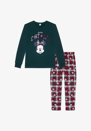 Vihreä pitkähihaisen paita, jossa "Holiday Cheers" -teksti ja Minnie Mouse -kuvio. Punaiset ruudulliset housut, joissa toistuvat Minnie Mouse -kuviot. Pehmeä kangas.
