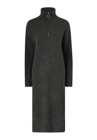 Langærmet turtleneck kjole i mørkegrå strik, med en halv lynlås med ringtræk, slids i kanten og struktureret stof for ekstra varme.