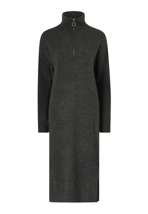 Langlijf-turtleneck jurk in donkergrijze brei, heeft een halve rits met een ringtrekker, een split aan de onderkant en een textiele stof voor extra warmte.