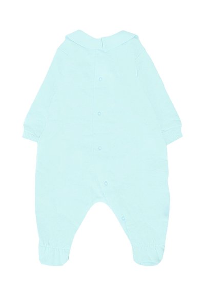 Tutina per neonato di colore azzurro chiaro realizzata in un tessuto morbido, dotata di colletto, maniche lunghe, polsini elasticizzati e bottoni a pressione lungo la schiena.