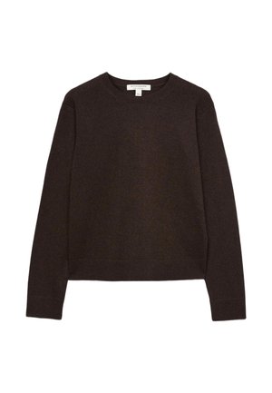 Dark brown long-sleeve crew neck sweater with ribbed cuffs and hem, displayed flat on a white background.