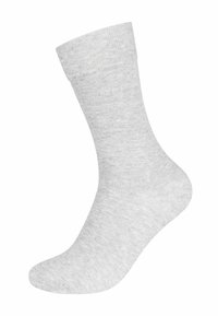 Grå bomuldsstrømpe med ribbet manchet og glat tekstur. Har en sømløs tå og letvægtsdesign. Ideel til hverdagsbrug.