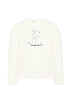 Camicia bianca a maniche lunghe con un semplice disegno a linee di un cane circondato da piccoli uccelli e la parola "Weekend" sotto l'illustrazione.