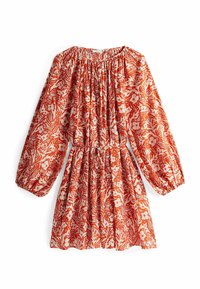 Rotes Kleid mit Blumenmuster, Puffärmeln, Raffungen am Ausschnitt und an der Taille, aus leichte Stoff gefertigt, mit lockerer Silhouette.