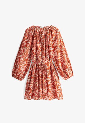 Rode jurk met bloemenpatroon, pofmouwen, plooien bij de halslijn en taille, gemaakt van lichtgewicht stof, met een losse pasvorm.