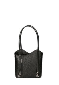 Borsa tote nera con texture, due manici arrotondati, una tasca con zip e dettagli in metallo argentato. Presenta un bordo superiore scallop.