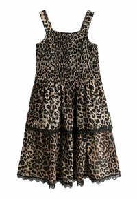 Robe sans manches à imprimé léopard avec corsage smocké, jupe à volants et bordure en dentelle noire au niveau des volants et de l'ourlet.
