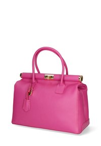 Borsa a mano in pelle rosa con dettagli in oro, forma strutturata, manico superiore e dettaglio decorativo in frange. La superficie testurizzata aggiunge profondità.