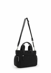 Borsa a mano in nylon nero con due manici superiori e una tracolla regolabile. Presenta una tasca frontale con zip e tasche laterali, forma rettangolare e finitura testurizzata.