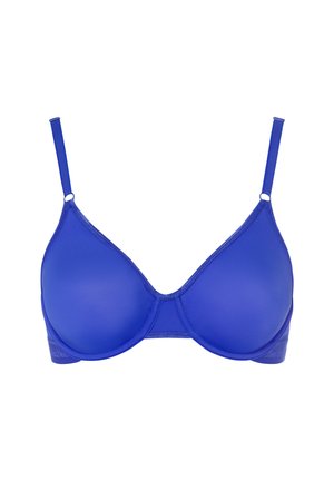Blauer Form-BH mit verstellbaren Trägern, glatter Textur, Unterstützung durch Bügel und subtilen Steppdetails entlang der Kanten.