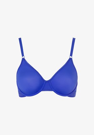Blauer Form-BH mit verstellbaren Trägern, glatter Textur, Unterstützung durch Bügel und subtilen Steppdetails entlang der Kanten.