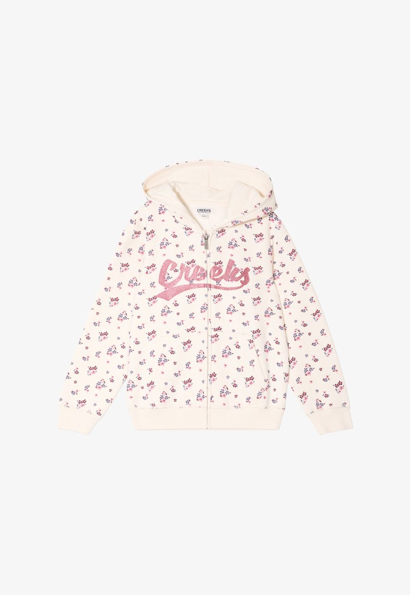 Felpa leggera zip con cappuccio, di colore crema chiaro, decorata con un motivo floreale rosa, logo "Creeks" glitterato e cappuccio. Realizzata in tessuto morbido con polsini a costine.