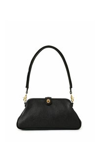 Borsa a mano nera in pelle con finitura testurizzata, forma arrotondata, manico corto, accessori in metallo tono oro e chiusura a scatto.