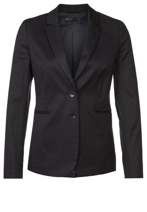 Zwarte, op maat gemaakte damesblazer met inkeping in de revers, twee knopen aan de voorkant en paspelzakken.