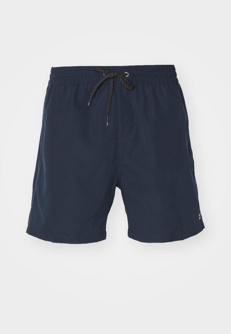 Pantaloni da bagno blu navy realizzati in tessuto leggero, con elastico in vita e cordino nero, tasche laterali e orli cuciti.