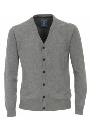 Cárdigan gris para hombre con cuello en V, mangas largas y cinco botones negros en la parte delantera, con puños y bajo acanalados.