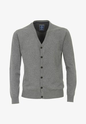 Grauer Herren-V-Neck-Cardigan mit langen Ärmeln und fünf schwarzen Knöpfen vorne, mit gerippten Bündchen und Saum.