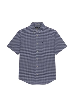 Chemise à manches courtes à carreaux bleu et blanc, boutonnée, avec un col boutonné et un petit logo brodé sur la poitrine.
