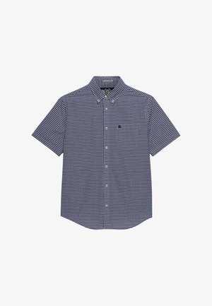 Chemise à manches courtes à carreaux bleu et blanc, boutonnée, avec un col boutonné et un petit logo brodé sur la poitrine.