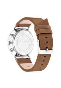 Bruine leren horloge met een roestvrijstalen kast, ronde wijzerplaat en gestructureerde achterkant. Inclusief een sluiting en grote wijzers voor de tijdsaanduiding.