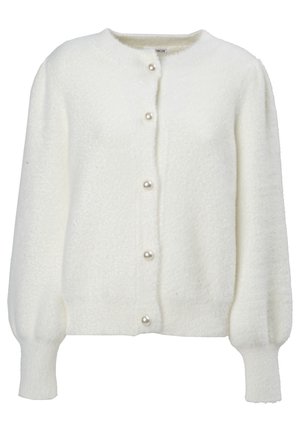 Witte fluffy gebreide cardigan met lange pofmouwen en vijf parelknopen aan de voorkant.