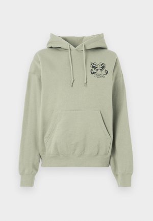 Light green hooded sweatshirt with front pocket, drawstrings, and a black butterfly graphic with cursive text on the chest.