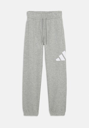 Gray elastic-waist sweatpants with ankle cuffs, drawstring, side pockets, and a white geometric logo on the upper left thigh.