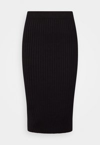 Schwarzer gerippter Midirock mit taillierter Silhouette, der über einen dehnbaren Bund und ein vertikales Rippenmuster für Textur verfügt. Ideal für vielseitige Stylings.