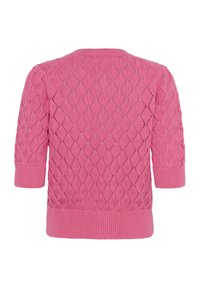Roze gebreide korte mouw trui met ruitvormig open gebreid patroon en geribbelde zoom en manchetten, gezien vanaf de achterkant.
