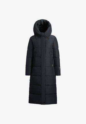 Manteau d'hiver noir long en duvet avec une capuche haute et rembourrée, design à coutures verticales, deux poches latérales à fermeture éclair et une fermeture éclair.