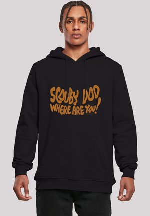 Black hoodie with a front pocket, featuring bold orange text: "SCOOBY DOO WHERE ARE YOU!" Text has a playful, irregular font.