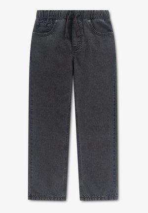 Pantalon en denim noir avec taille élastique, cordon de serrage, deux poches avant et jambes droites, posé à plat sur fond blanc.