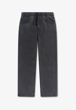 Pantalon en denim noir avec taille élastique, cordon de serrage, deux poches avant et jambes droites, posé à plat sur fond blanc.