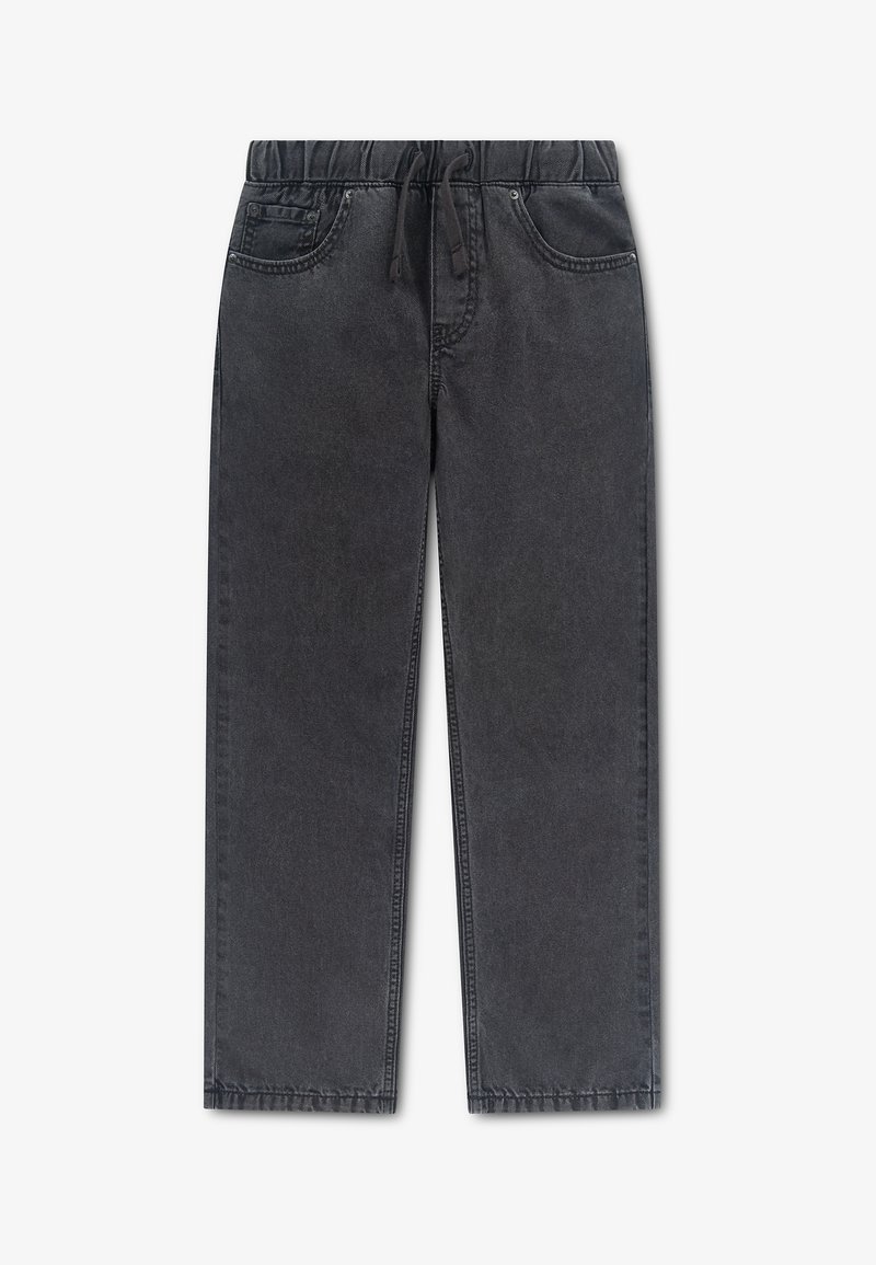Pantalon en denim noir avec taille élastique, cordon de serrage, deux poches avant et jambes droites, posé à plat sur fond blanc.