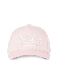 Casquette de baseball rose en tissu, avec un logo brodé blanc "Von Dutch California" en forme ovale à l'avant.