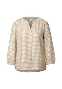 Blusa a quadri crema e marrone con scollo a V, maniche lunghe, apertura con bottoni e tessuto morbido e texture. Presenta dettagli arricciati alle maniche.